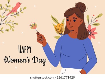 8 march, International Women's Day. Greeting card or postcard templates with young woman for card, poster, flyer. Girl power, feminism, sisterhood concept.