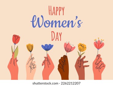 8 de marzo, Día Internacional de la Mujer. Manos sosteniendo bollos de flores florecientes. Plantillas de tarjetas de felicitación o postales para tarjetas, afiches, volantes. Poder femenino, feminismo, concepto de hermandad.