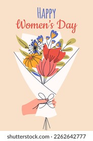 8 march, International Women's Day. Greeting card or postcard templates with bouquet of flowers for card, poster, flyer. Girl power, feminism, sisterhood concept.