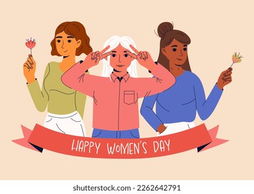 8 march, International Women's Day. Greeting card or postcard templates with young women for card, poster, flyer. Girl power, feminism, sisterhood concept.
