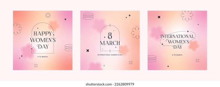 8 March. International Women's Day banner, set greeting card. Trendy gradients, blurred shapes, typography, y2k. Social media stories templates. Vector illustration for mobile apps, banner design. - Shutterstock ID 2262809979
