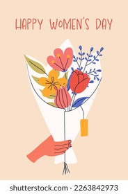 8 march, International Women's Day. Greeting card or postcard templates with bouquet of flowers for card, poster, flyer. Girl power, feminism, sisterhood concept.