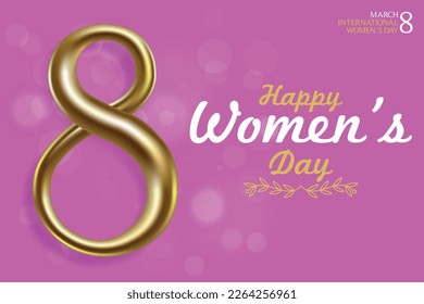 8 march international women's day vector with golden number eight on pink background