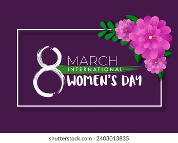 8 March, International Women's Day Banner or Greeting Card with Beautiful Flowers in Purple Color.