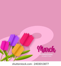 8 March, International Women's Day Greeting Card with Colorful Paper Flowers on Pink Background.