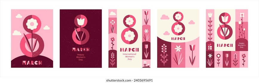 8 March, International Women's Day retro, vintage vector greeting cards set, collection. Simple spring stylized flowers. Flat minimalist geometric style. Removable old grain scuffed paper texture.