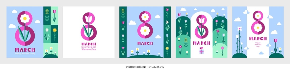 8 March, International Women's Day vector greeting cards set, collection. Square shape. Simple spring stylized flowers. Modern trendy flat minimalist geometric style, bright colors illustrations. 