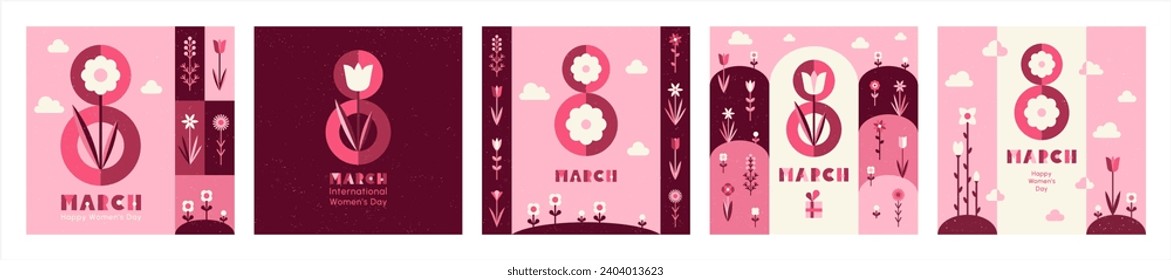 8 de marzo, Día Internacional de la Mujer retro, vintage cuadrado de tarjetas de felicitación, colección. Sencillas flores estilizadas de primavera. Estilo geométrico minimalista plano. Textura de papel espumoso de grano extraíble.