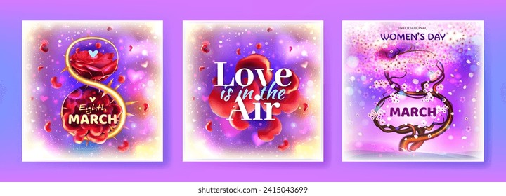 8 March. International Women's Day. Valentines day greeting cards set with lettering, hearts and flowers. Vector illustration. Eps 10