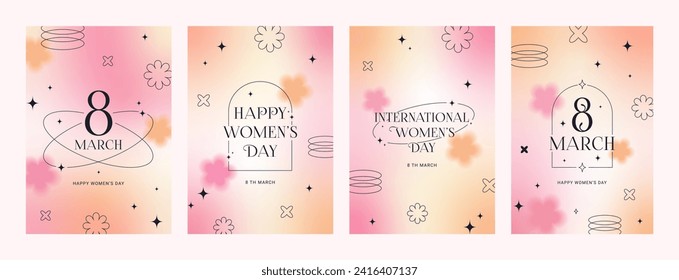 8 de marzo. Banner del Día Internacional de la Mujer, pon tarjeta de saludo. Gradientes de moda, formas borrosas, tipografía, y2k, formas lineales. Diseño vectorial minimalista para fiestas, anuncios, portada, plantillas de medios sociales.