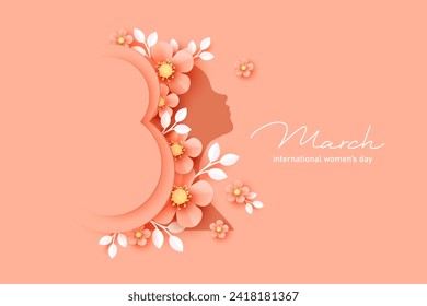 8 March.  International Women's Day greeting card. Paper art beige, peachy flowers, leaves, woman silhouette. 
