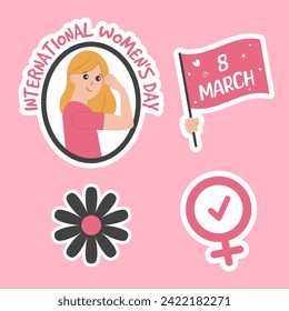 8 march. International Women's Day. Vector illustration in flat style, sticker set.