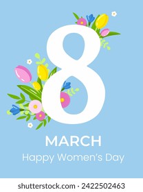 8 march, International Women's day banner. Invitation, advertising, greeting card with spring flowers. Postcard template.
