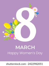 8 march, International Women's day banner. Invitation, advertising, greeting card with spring flowers. Postcard template.