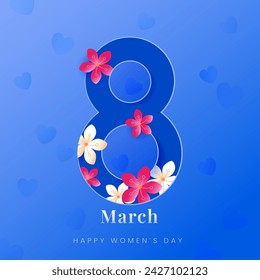 Cartel del Día Internacional de la Mujer del 8 de marzo con flores y texto del 8 de marzo sobre fondo azul