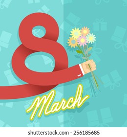 8 march. international women's day. Man hand holding bouquet of  flowers. Vector card. Gifts