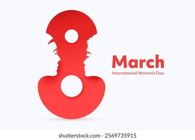 8 March - International Women's Day greeting card design with silhouettes of women's faces inside the number 8. Minimalistic design. Ideal for social media post, poster, banner.