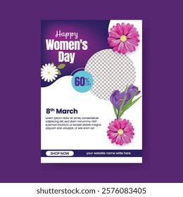 8 march international women's day editable print flyer or poster template with women's day celebration greeting invitation card illustration realistic 3d flowers background women's day vertical flyer 