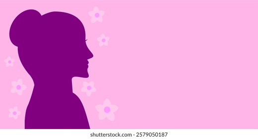 8 March. International Women's Day template vector. Pink background copy space with woman purple silhouette. Suitable for advertising, banners, leaflets and flyers