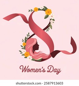 8 march international women's day greeting card with flower wreath.