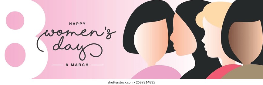 8 March International Women's Day colorful banner design. Women of different ethnicities standing together. Simple drawing of female faces silhouettes