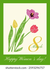 8 March. International women's day card. Tulip flower. Hand drawn floral illustration. Pen or marker sketch. Vector design. Natural pencil drawing