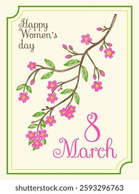 8 March. International women's day card. Sakura flower. Hand drawn floral illustration. Pen or marker sketch. Vector design. Natural pencil drawing