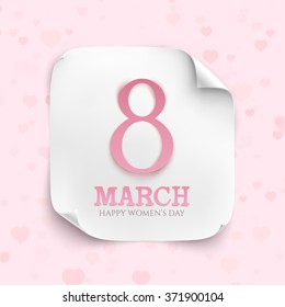 8 March international women's day background with white curved paper banner. Greeting card template. Vector illustration.