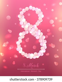 8 March, International Women's Day. Figure eight made out of confetti at the dark pink background full of lights. Design template, vector illustration.