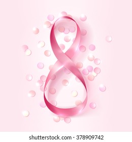8 March, International Women's Day. Figure eight made out of silk pink ribbon with confetti. Vector illustration, design template.