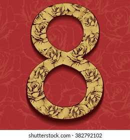 8 March International Women's Day, flower gold figure. The number of ornate gold floral patterns, on a coral background with ornaments. Greeting card. Decorative element for design, base, ornament