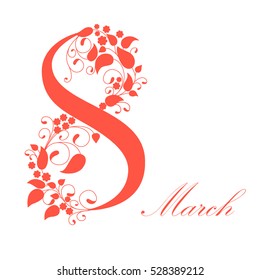 8 March, International Women's Day greeting card with the decor of flowers on a white background. Vector illustration.