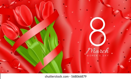 8 March - International Women's Day. Background with flowers and satin ribbons on silk fabric. Vector illustration with confetti.