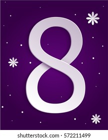 8 March, International Women's Day. Background with big number eight on purple. Simple design template for greeting card, poster, web banner ad, post card.