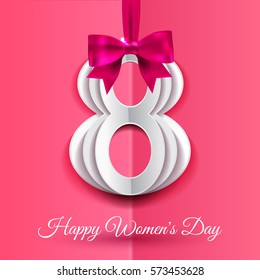 8 March, International Women's Day background with silk ribbon and bow, paper number 8 with shadow.  Greeting card for women or mother's day. Vector illustration