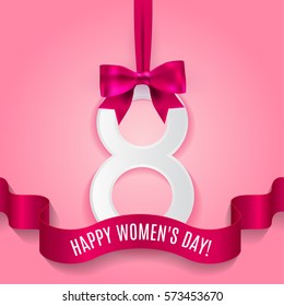 8 March, International Women's Day background with silk ribbon and bow, paper number 8 with shadow.  Greeting card for women or mother's day. Vector illustration