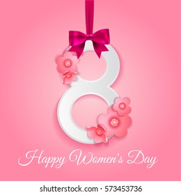 8 March, International Women's Day background with silk ribbon and bow, paper number 8 and origami flowers with shadow.  Greeting card for women or mother's day. Vector illustration