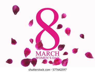 8 March International Women's Day greeting card with flying pink petals. Vector illustration.