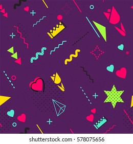 8 march international women`s day abstract background in 80s memphis style. Seamless memphis pattern for posers and cards. Hipster poster, juicy, bright color background. Vector illustration