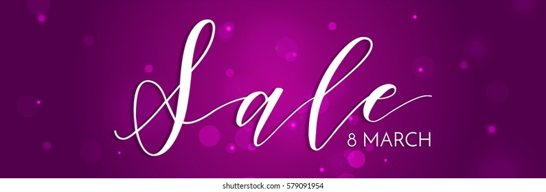 8 March, International Women's Day web banner sale ad. Design template for women's goods on purple background with lights.
