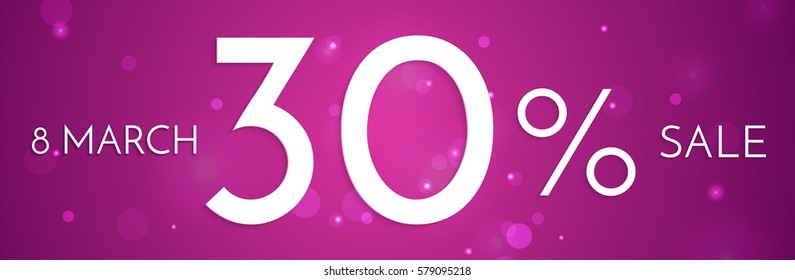 8 March, International Women's Day web banner sale ad with discount. Design template for women's goods on pink background with lights.