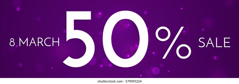 8 March, International Women's Day web banner sale ad with discount. Design template for women's goods on purple background with lights.