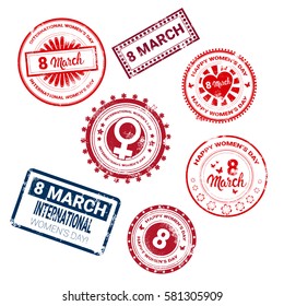 8 March International Womens Day Greeting Card Stamp Icon Set Flat Vector Illustration