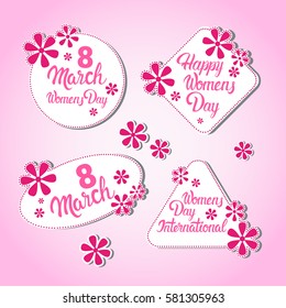 8 March International Womens Day Greeting Card Stamp Icon Set Flat Vector Illustration