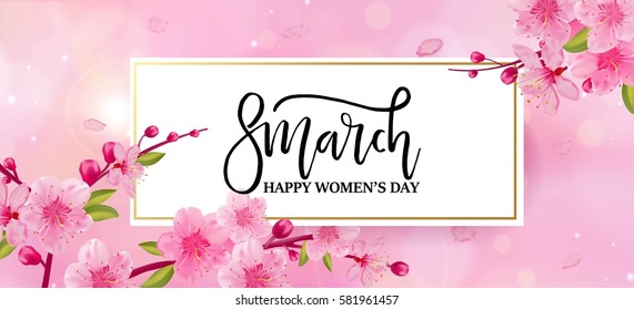 8 march international women's day background with flowers. Cherry blossoms romantic design.