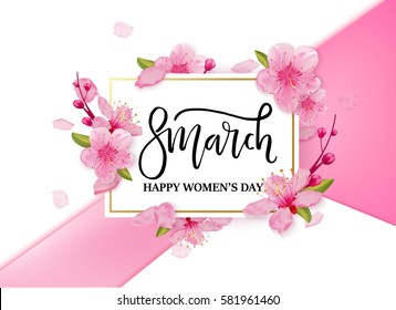 8 march international women's day background with flowers. Cherry blossoms romantic design.