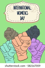 8 March, International Women's Day. Fist in glove raised up. 