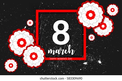 8 March international women's day. Happy Mother's Day. Greeting card with white-red flowers on black background. Happy Women's Day. Vector illustration.