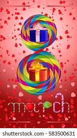 8 March International Women's Day greeting card written with candy canes,heart, swirly candies,spring flower elements.Lollipops,gift box,bow,ribbons.Vector illustration.March 8 World Day of the woman.