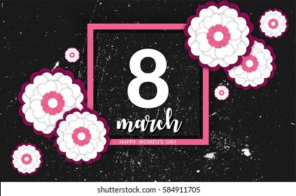 8 March international women's day. Greeting card with white-pink flowers on black background. Happy Women's Day. Vector illustration.